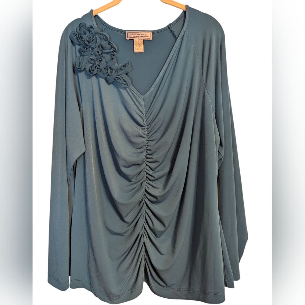 George Simonton Blue Blouse with Floral Detail EUC